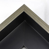 This Large, L-shaped floating contemporary canvas frame in matte black features a thin brushed silver face.
*Note: These solid wood, custom canvas floaters are for stretched canvas prints and paintings, and raised wood panels.