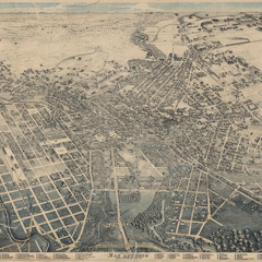 A lithograph, birds eye print of San Antonio, Texas, created in 1886